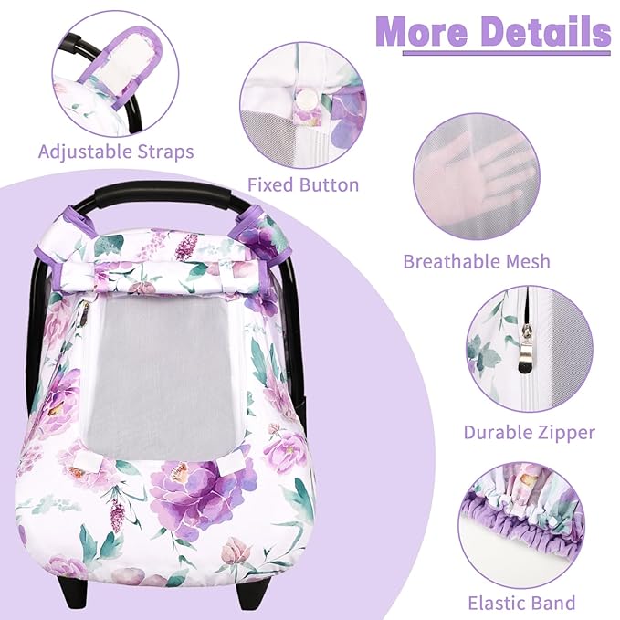 Car Seat Cover Baby, HNHUAMING Infant Car Seat Covers Canopy for Baby Girl Boy, Cozy & Windproof Newborn Carseat Covers Minky Dot Backing Stroller Cover with Breathable Mesh Window, Purple Flower