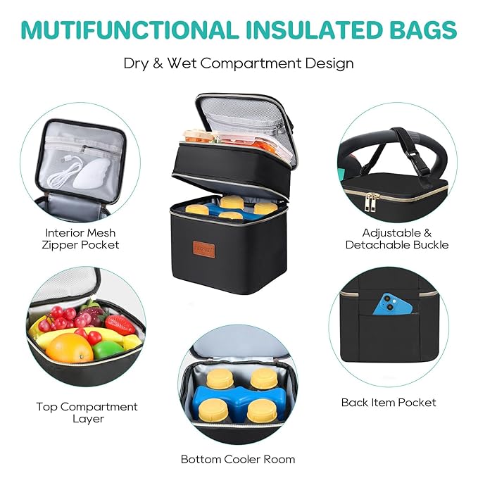 PIIOSER Baby Bottle Cooler Bag with Ice Pack, Fits 4 Baby Bottles Up to 5 Ounce, Portable Insulated Breastmilk Cooler Travel Bag with Handle Buckle for Nursing & Working Mom Daycare (Black-XS)