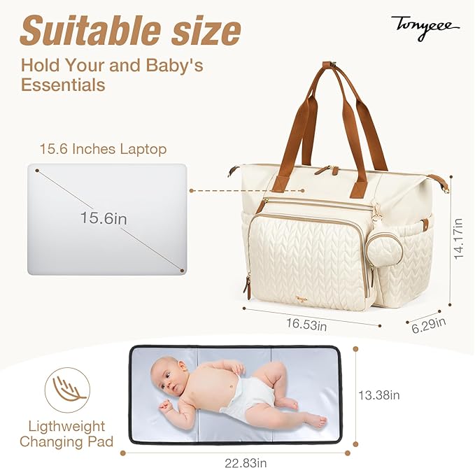 Tonyeee Diaper Bag Tote, Large Baby Diaper Bags Waterproof, Hospital Bag for Labor Delivery with Pacifier Case, Changing Pad, Shoulder Strap, Beige