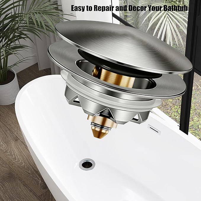 Bathtub Drain Stopper, Pop Up Tub Stopper and Cover, Bottom with Hair Catcher, Universal for 1.45 to 1.8in Drain, Replaces Old Drain Plug, Brushed Nickel