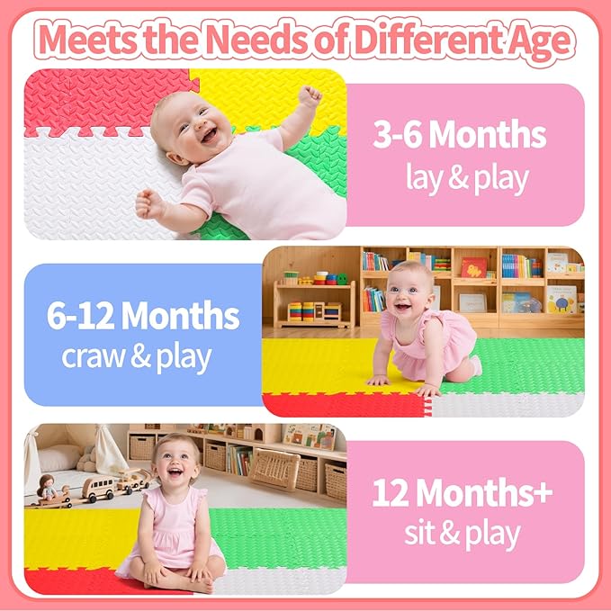 Coolcandy Baby Foam Play Mat 16Pcs with Edge Strips, 4 Colors Interlocking Floor Tiles, 0.4″ Thickened Non-Slip Puzzle Floor Mat for Infants Toddlers Playroom & Daycare