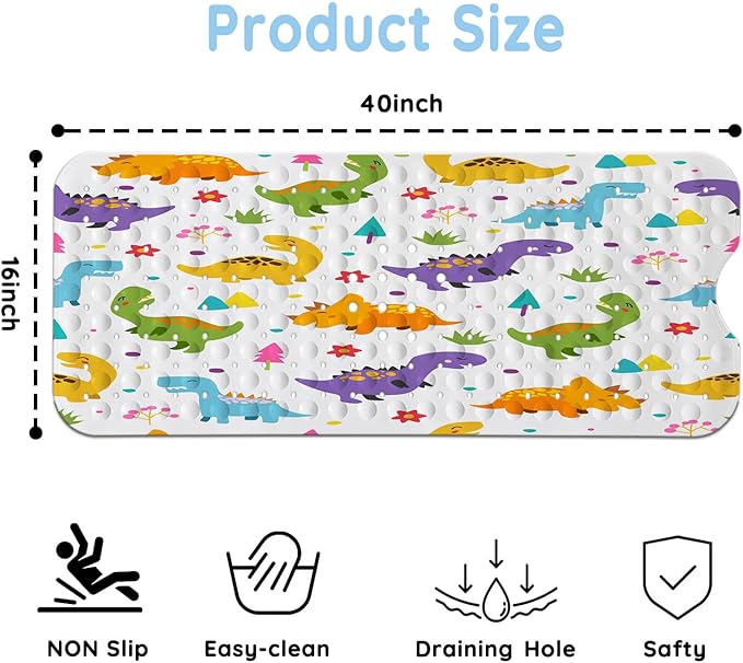 KINUUIS Bathtub Mats for Kids, Cartoon Dinosaur Bath Mat for Tub Non Slip, 40 X 16 Inch Large Washable Bathtub Mat Non Slip for Showers with Drain Holes and Suction Cups