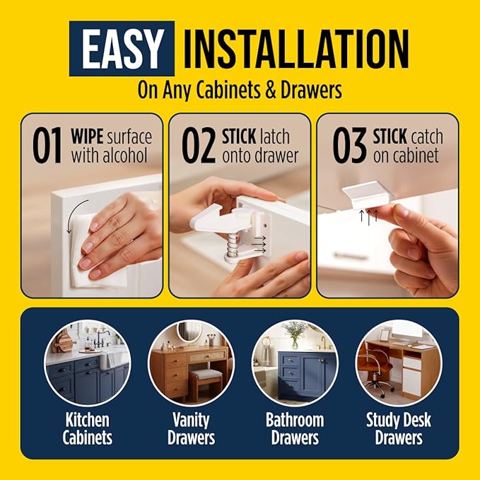 Cabinet Locks for Babies - Child Safety Latches 10 Pack - Invisible Adhesive Baby Proofing Drawer Locks - Works with Most Cabinets and Drawers - No Drilling Installation - (White)