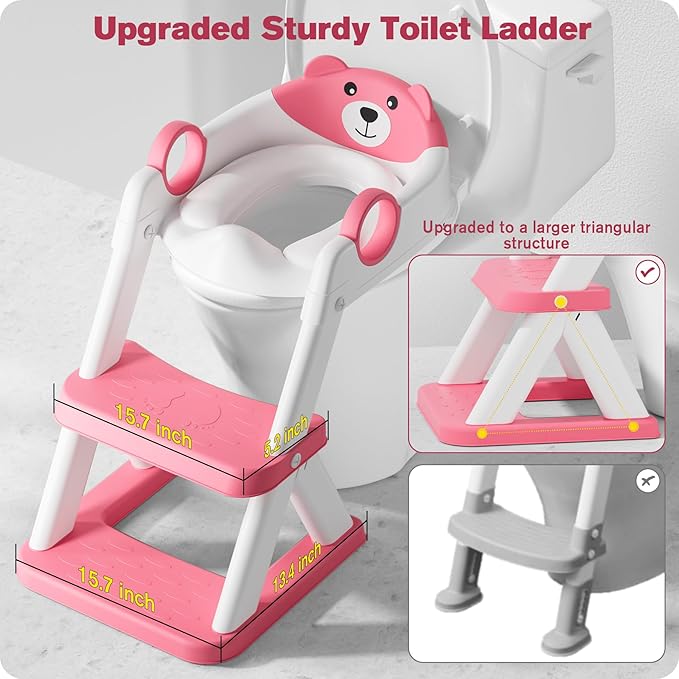 Potty Training Seat, Upgrade Toddler Toilet Seat for Kids Boys Girls, 2 in 1 Potty Training Toilet for Kids, Splash Guard Anti-Slip Pad Step Stool(Bright Pink)