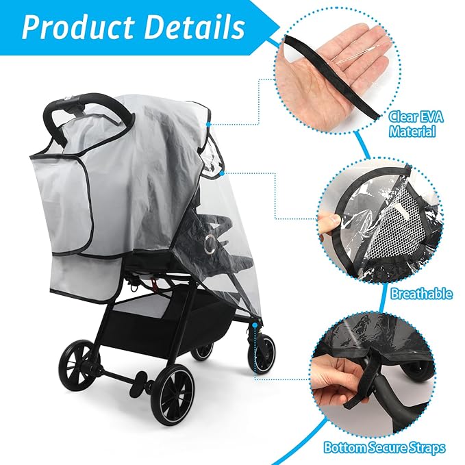 Clear Stroller Rain Cover, Universal Stroller Cover Breathable, Foldable Travel Weather Shield, Waterproof Windproof Baby Stroller Accessories for Trip Use, Daily Walks