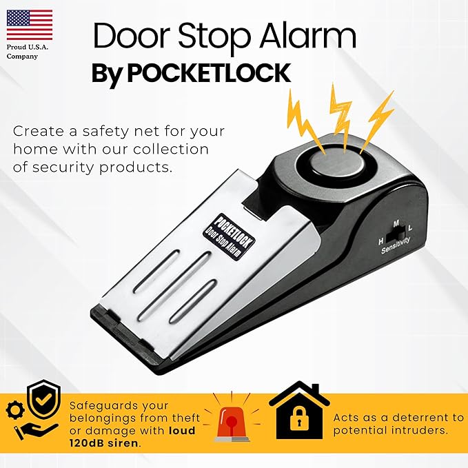Door Stop Alarm with 120 dB Siren – Portable Travel Door Stopper Alarm Wedge for Hotel, Apartment & Dorm Security – Battery-Operated, Black, 4-Pack