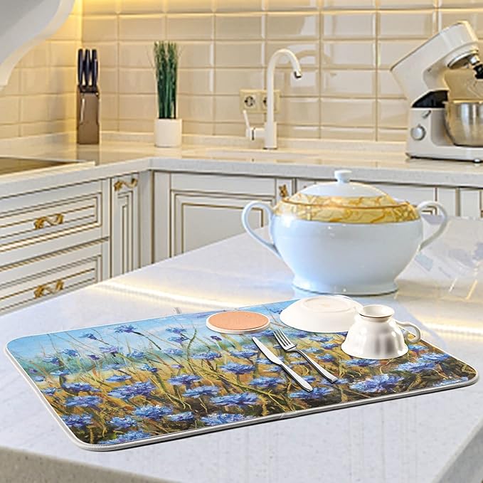 Absorbent Dish Drying Mat for Kitchen Counter - Oil Painting Flowers Microfiber Drying Pad, Reversible Drainer Mats for Countertop, Large 18" x 24"