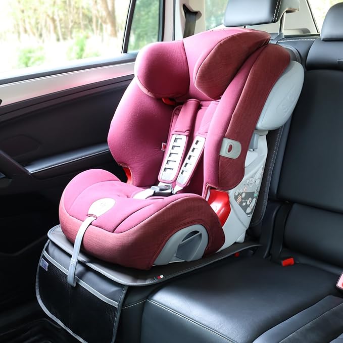 Viaviat Car Seat Protector Leather Waterproof Child Safety Seat Protector Cover with Thick Pad and 2 Large Pockets Durable Kick Mat for All Auto Seat (Brown)