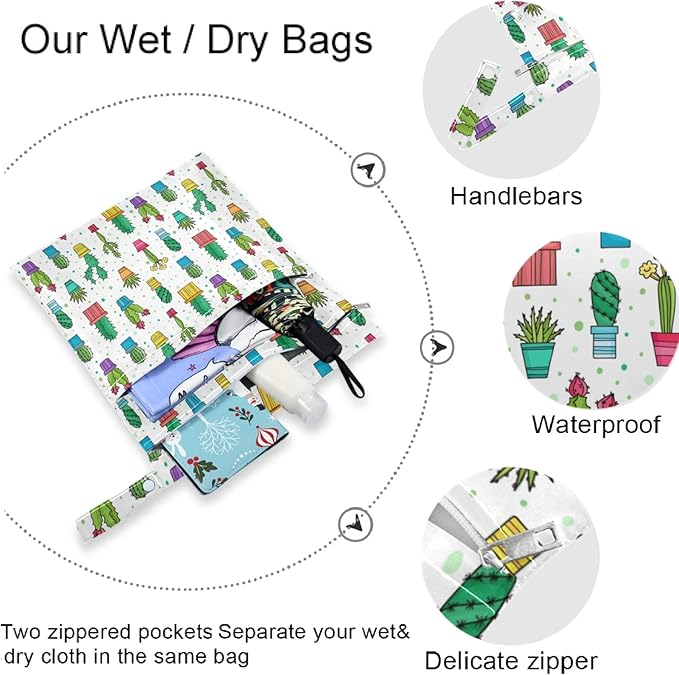 visesunny Lovely Green Cactus in Pot Flower 2Pcs Wet Bag with Zippered Pockets Washable Reusable Roomy for Travel,Beach,Pool,Daycare,Stroller,Diapers,Dirty Gym Clothes, Wet Swimsuits, Toiletries