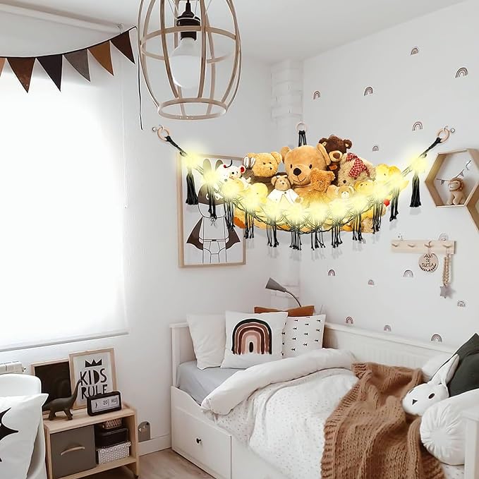 CERETIA Stuffed Animal Hammock with LED Light, Large Stuffed Animals Storage Corner Plushie Net for Kids Room Decor, Black