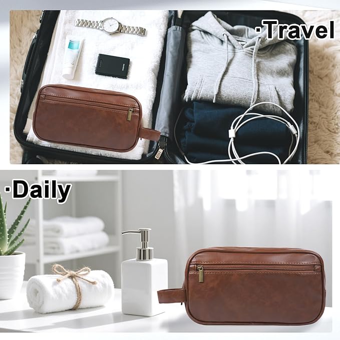 Mens travel toiletry bag, Gift For Men，PU Leather Water Resistant Cosmetic Bag Pouch Dopp Kit Shaving Bag with Large Capacity for Toiletries Accessories(Brown)