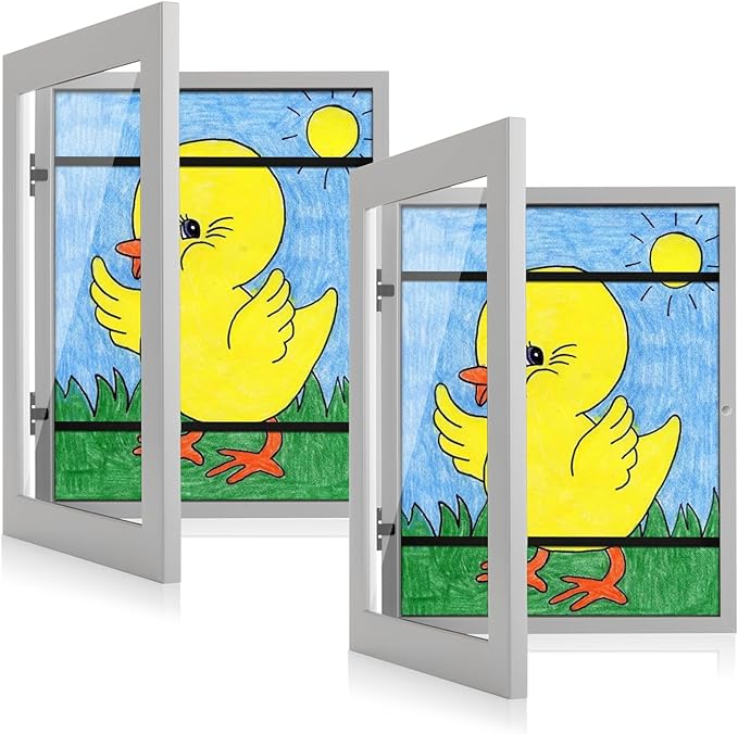 [2-Pack] Kids Art Frames, 9x12 Front Opening Kids Artwork Frames Changeable, Gray Artwork Display Storage Frame for Wall, Holds 50 Pcs, for 3D Picture, Crafts, Children Drawing, Hanging Art, Portfolio