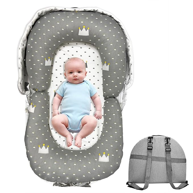 Baby Lounger, Foldable Portable Waterproof Baby Nest Cover, 0-24 Months Newborn Tummy Time Training & Seating Support Pillow, Dual-Use Breathable Infant Lounger Backpack for Home & Travel (Gray)