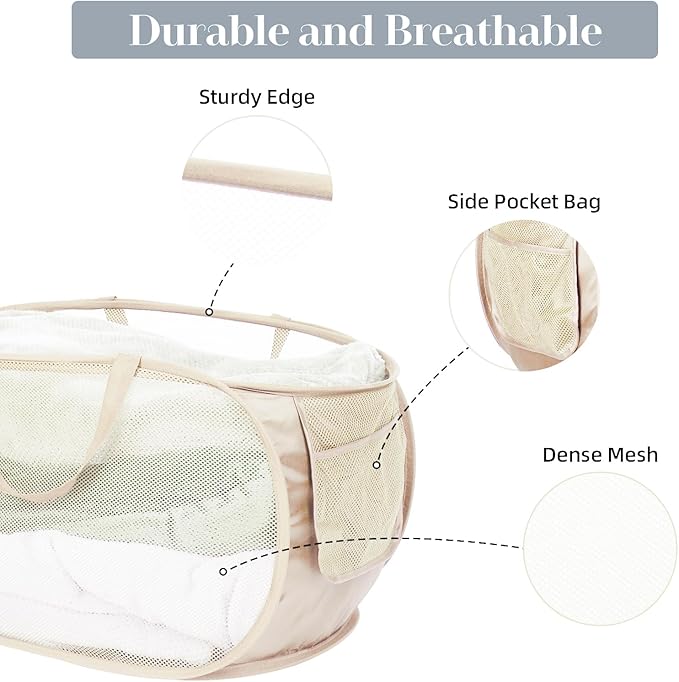 4 Pcs Durable Collapsible Laundry Baskets, Foldable Large Opening Pop Up Laundry Hamper with Pocket, Clothes Hamper with Handles for Laundry, Bathroom, Kids Room, Dorm or Travel Beige