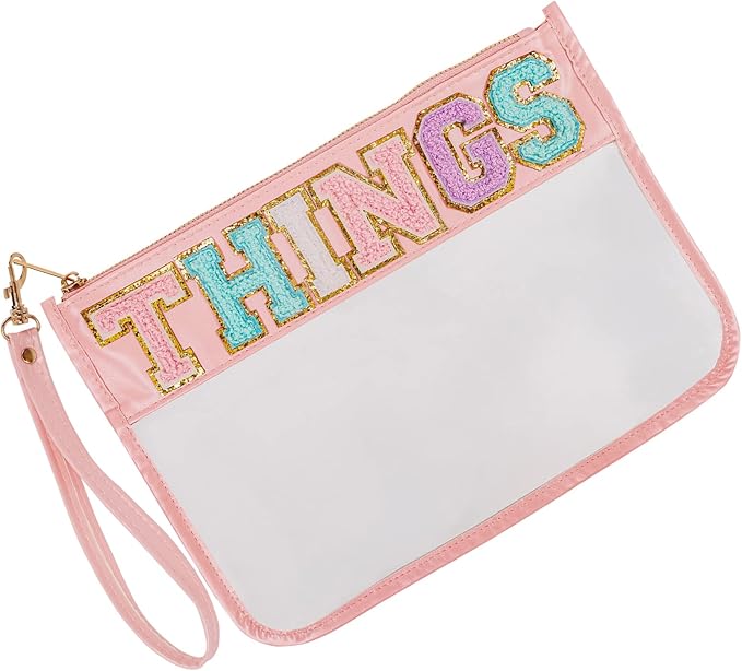 Iqimott Monogram Letter Clear Bag Purse, Chenille Glitter Letter Makeup Cosmetic Bag Patch Zipper Toiletry Pouch, Portable Travel Beach Snack Wristlet Bag for Women Girls(Things, Pink)