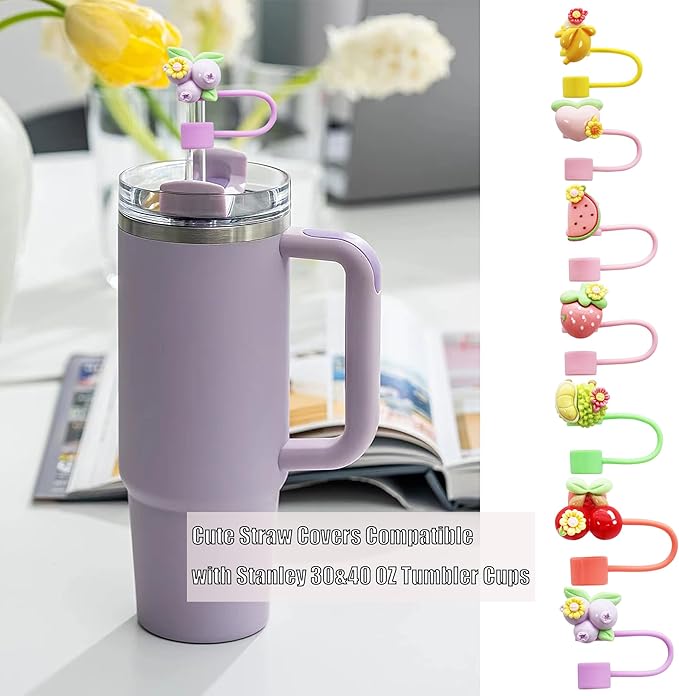 7Pcs 10mm Flower Fruit Straw Cover for Stanley Cup,Dust-Proof Straw Topper for 30&40 oz Tumblers and Water Bottles,Reusable Tumbler Cup Accessories for Stanley，Funny Gifts for Women & Girls