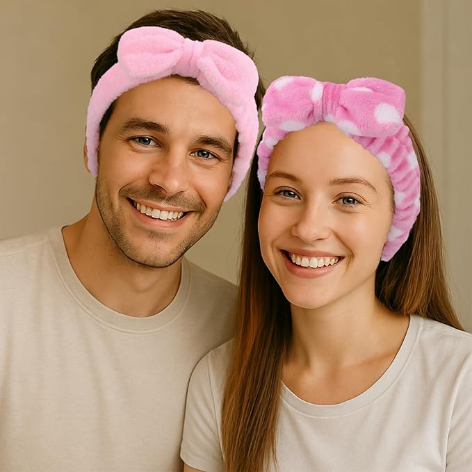 10 Pack Pink Bow Skincare Headbands - Plush Spa Headbands for Women & Girls with Polka Dot & Solid Designs for Valentine's Day, Skincare, Yoga, and Party Favors