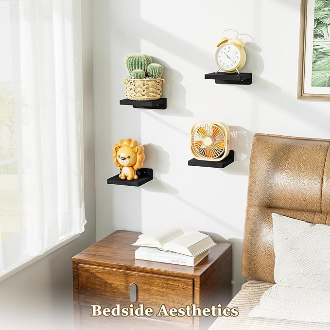 SRIWATANA Small Floating Shelves Wall Mounted, Wood Shelf for Decoration and Storage Set of 4, Mini Display Shelf for Bedroom, Bathroom, Kitchen, Office (Black, 5 inch) (Pack of 2)