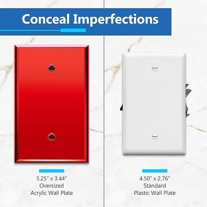 LIDER Reflective Acrylic Blank Device Wall Plate, Mirrored Cover Plate, Plexiglass Wall Plate, Acrylic Glass, Oversized 1-Gang 5.25" x 3.44", LWP-01O-ARD, Red