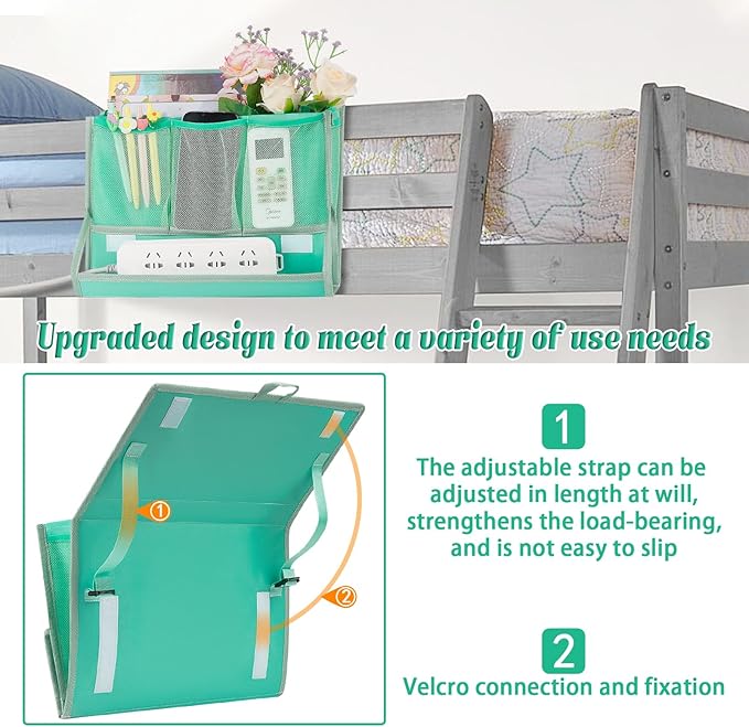 Retyion Bedside Caddy Bedside Storage Organizer Bedside Organizer with Power Strip Holder and 2 Adjustable Straps for Home Bunk Bed College Dorm Sofa (Green)