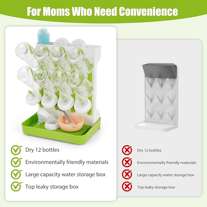Baby Bottle Drying Rack, Space Saving Baby Bottle Organizer for Countertop, Vertical Bottle Dryer Holder with Brushes Holder, Large Bottle Storage Holder 12 Bottles & Baby Accessories Green