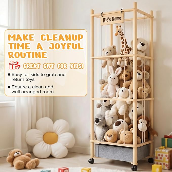 Stuffed Animal Storage with Toys Tray, 57In Large Wooden Stuffy Plushies Storage Holder Extra Large Capacity Stuffed Animals Zoo Organizer for Toddler Rooms, Playrooms & Bedrooms (Toys Tray & Wheels)