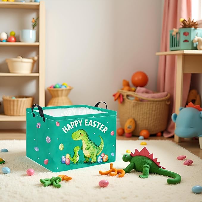 TIBAOLOVER Rectangular Easter Basket Baby Storage Basket with Handles for Home Kitchen Boys and Girls Cute Storage Bin Organizer Shelf Book Room Decor(Green Dinosaur)