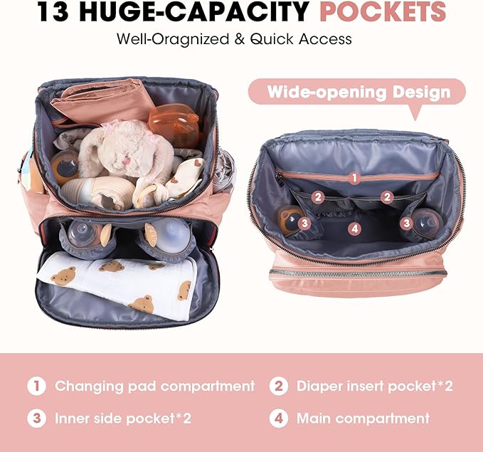 Diaper Bag Backpack, Large Baby Bag for Girl Boy, Travel Diaper Backpack with Insulated Pocket, Cute Diaper Bag Stroller Straps, Baby Shower & Registry Gift for Mom Dad Pink