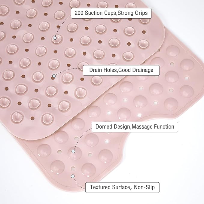 Extra Long Pink Bathtub Mat Non Slip, Soft Bath Mat for Tub 40 x 16 Inch Full Size, Bath Tub Shower Mats for Bathroom Floor, Big Suction Cups and Drain Holes, Easy Washable, BPA Free