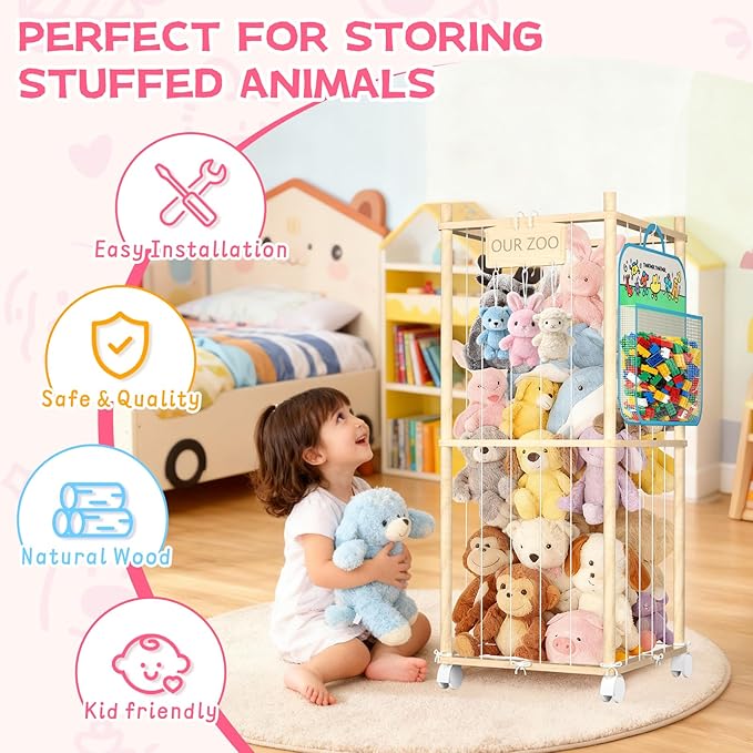 DUOQNY 34-Inch Stuffed Animal Storage Organizer with Bag & Plaque - Large Capacity Wood Toy Cage for Plush Toys, Nursery, Playroom, Kids Bedroom - Toy Storage for Small Objects, Gift for Girls Boys