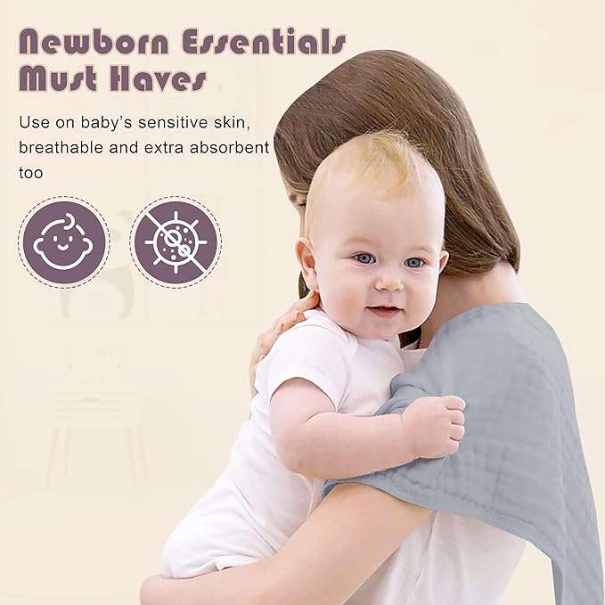 Ease Cubs Muslin Burp Cloths Large 100% Cotton Hand Washcloths for Boys & Girls, Baby Essentials Extra Absorbent and Soft Burping Rags for Newborn Registry (Slate, 12-Pack, 20" X10")