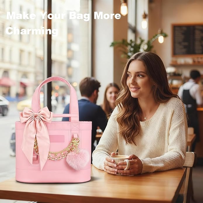 CuddleJunk Bag Charms for Tote Bags, Satin Bow Keychain Kit Accessories for Yeti Camino, Fluffy Ball Gold Chains Charms for Women Purse Beach Handbag