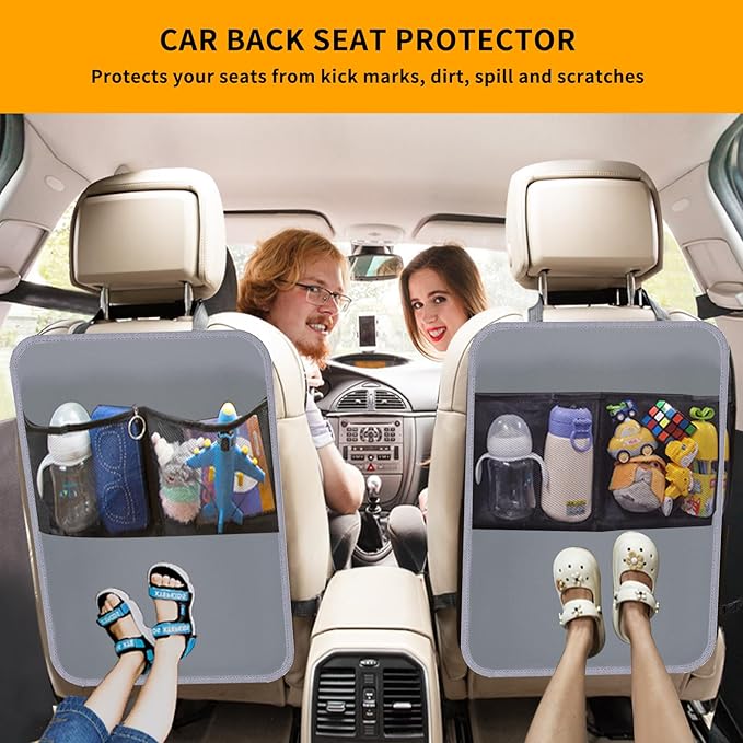 Zecirl 2 Pack Kick Mat Backseat Protector,Back Seat Cover for Kids,Car Seat Back Protectors with 2 Pocket Storage Organizer for Car, SUV, Minivan or Truck Seats (Grey)