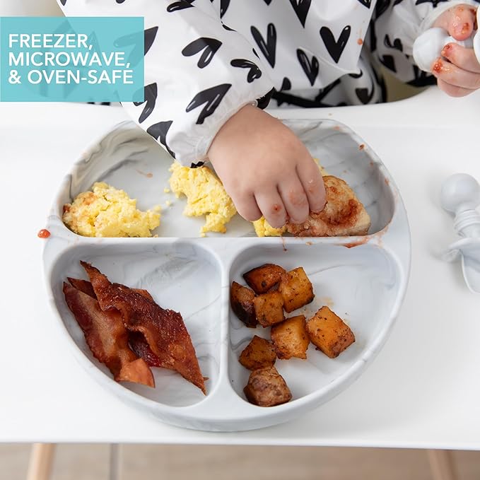 Bumkins Toddler and Baby Suction Plate, Divided Grip Dish for Babies and Kids, Baby Led Weaning, Feeding Supplies, Sticks to Tables and Highchairs, Platinum Silicone, for Chidren 6 Months, Marble