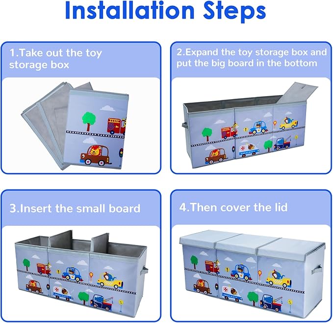 decalsweet Toy Box Chest for Kids, Collapsible Oxford Toy Storage Box with Handles for Boys, Extra Large Sturdy Waterproof Toy Organiser for Bedroom Playroom, 37.7×12.5×15.7 Inch (Animal Cars)