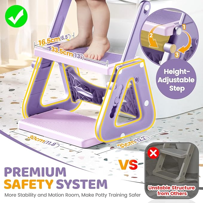 Orzbow Frog Potty Training Seat, Toddler Toilet Seat with Step Stool Ladder, 2-in-1 Potty Training Toilet Essentials for Boys Girls, Adjustable Height, Non-Slip Step and Splash Guard Design, Pink