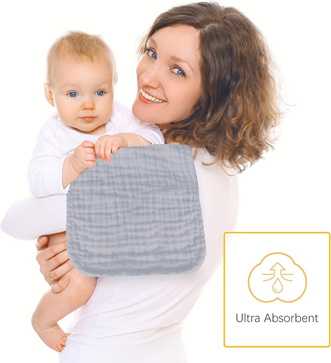 Lovely Care 12 Pack Muslin Burp Cloths 100% Cotton Muslin Cloths Large 20''x10'' Extra Soft and Absorbent Baby Burping Cloth - Slate