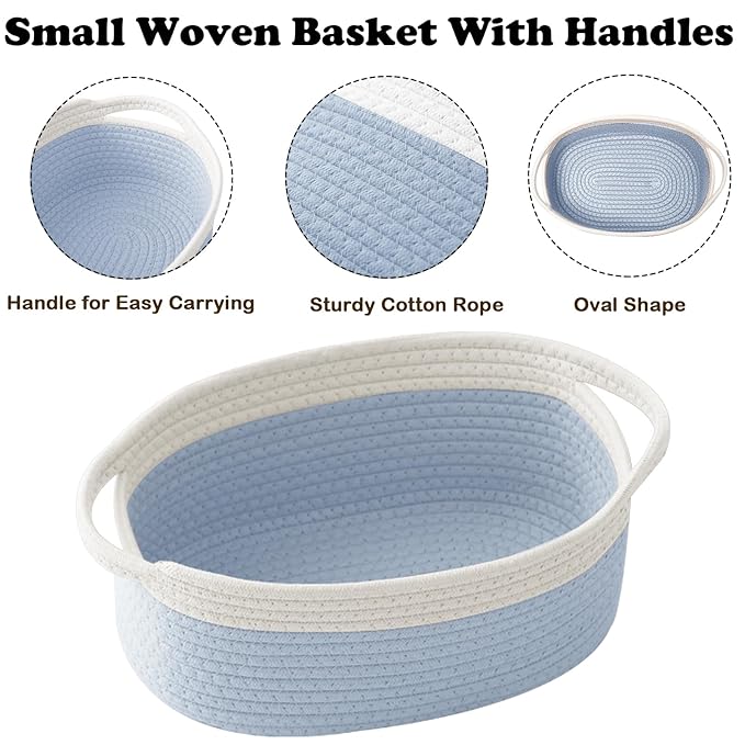 Small Woven Rope Basket-Empty Gifts Basket with Bag and Ribbons,Cute Handle Organizer Box for Birthday/Baby Shower, Toy Storage, Nursery Organizing & Shelf Decor(White&Blue)
