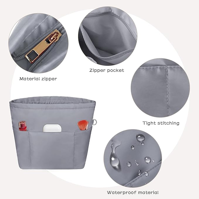 Vercord Purse Insert Organizers for Petite Tote Bag Organizer Insert Inside Handbag Shaper with Zipper Light Grey