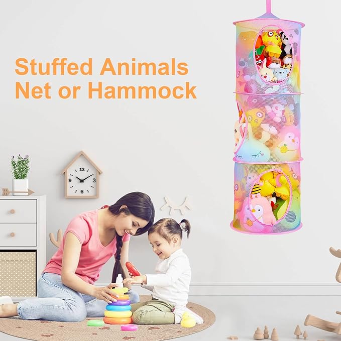Basumee Stuffed Animals Net or Hammock 2 Pcs Stuffed Animals Storage Toy Net Hammock for Plushies Storage Organizer Mesh Kids Girls Room Decor, Rainbow, 3 Tiers
