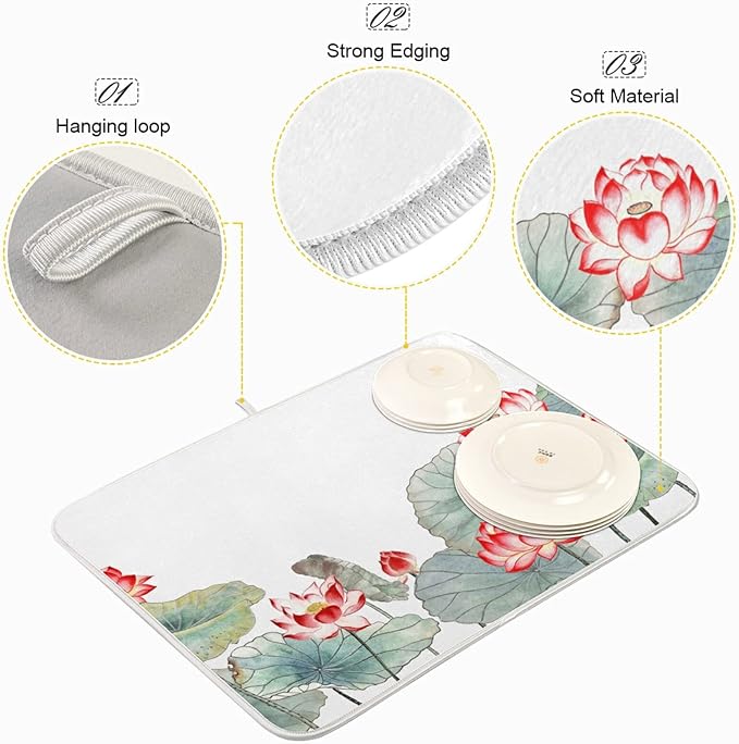 Absorbent Dish Drying Mat for Kitchen Counter - Watercolor Lotus Microfiber Drying Pad, Reversible Drainer Mats for Countertop, Large 18" x 24"