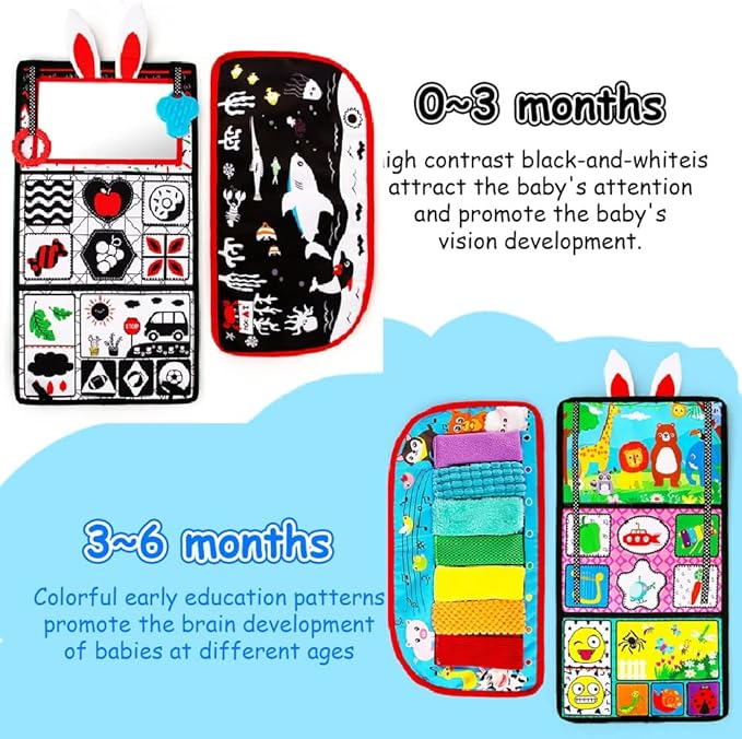 Inbeby Tummy Time/Baby Mirror Toys, Black and White High Contrast Tabletop Mount Baby Newborn Toys 0 3 6 Months Brain Development, Sensory Texture Piano Infant Toys 0 3 6 Months with Squeaker