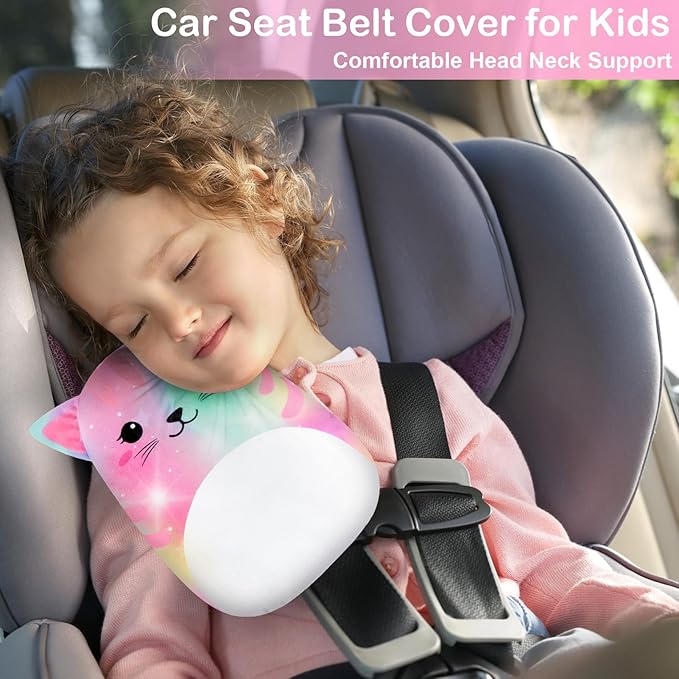 FIODAY Seatbelt Covers for Kids Car Seat Strap Pads Seat Belt Pillow Adjust Seat Belt Covers Seatbelt Cushion for Toddler Baby Boys Girls Travel Head Neck Shoulder Support, Pink Cat
