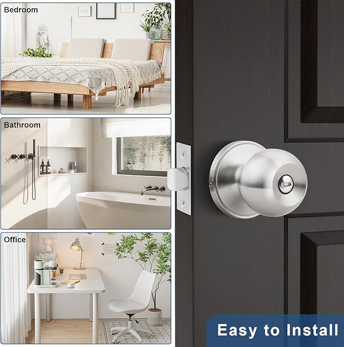 Knobonly 2 Pack Privacy Door Knobs Satin Nickel, Keyless Door Knobs Interior for Bedroom and Bathroom, Round Door Handles Stainless Steel, Classic Design