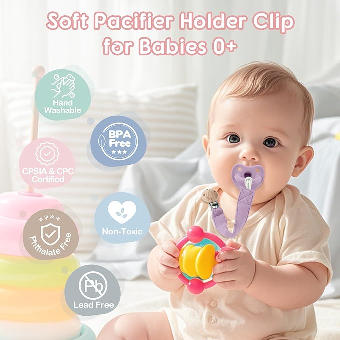 TYRY.HU Ribbon Baby Pacifier Clip Holder, Binky Paci Holder Clips, Pacifier Leash, Soft Webbing Strap, Universal Binky Leash, 2 Pack, Rose, Purple