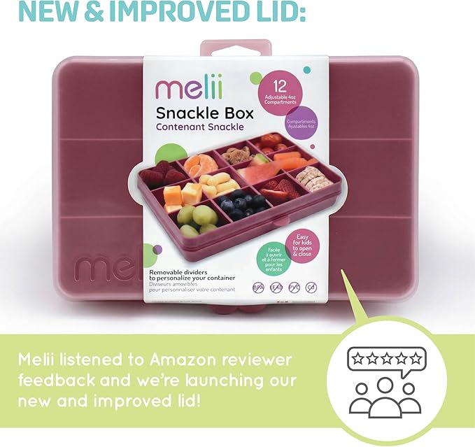 melii Snackle Box |12-Compartment Snack Container with Removable Dividers, BPA-Free Food Storage for Travel, School & On-the-Go Snacks, Kids & Family Organizer (Berry)