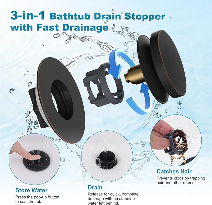 Hibbent 3 in 1 Metal Bathtub Drain Stopper, Universal Pop Up Tub Stopper, Bathtub Drain Hair Catcher, Removable Filter Basket, Drain Plug for 1.5''~2.4'' Drain, Brass Bullet Core, Oil-Rubbed Bronze