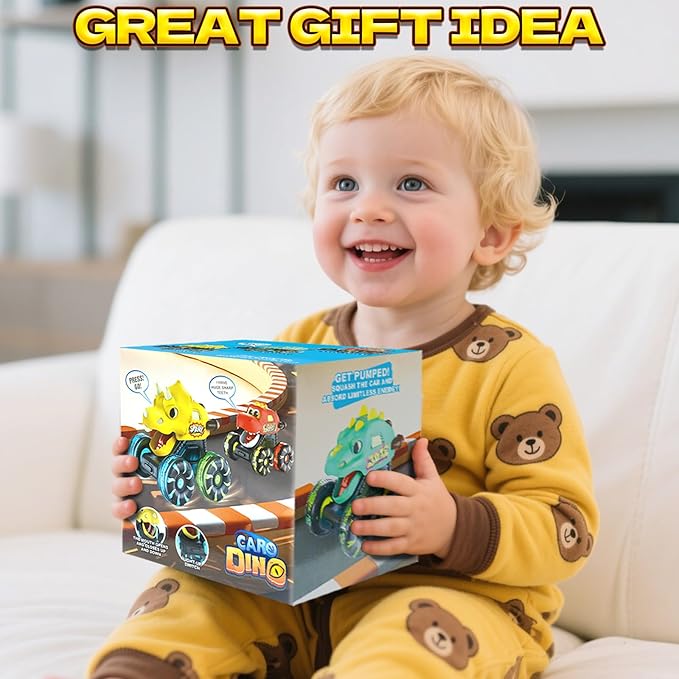 Intoypad Yellow Triceratops Dino Monster Truck – Toddler Push Car Toy with LED Wheels – Press & Go Dinosaur Toy Vehicle for Kids Ages 2 3 4 5 – Chomping Mouth Light-Up Action Toy for Boys Girls
