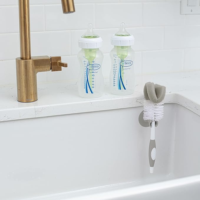 Dr. Brown's Reusable Sponge Baby Bottle Cleaning Brush with Suction Cup Stand, Scrubber and Nipple Cleaner, BPA-Free, Gray, 1-Pack