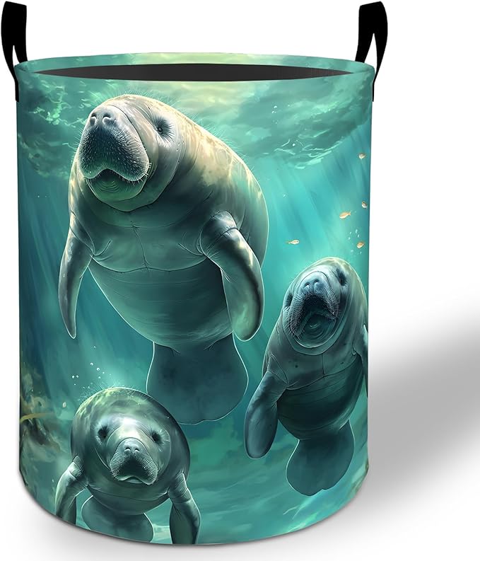 Manatee Laundry Basket Hamper 19.7"x15.8", Ocean Animal Foldable Waterproof Oxford Clothes Storage Bucket for Room Bathroom Bedroom Nursery Decor, Toy Organizer Bins Gifts for Kids Boys Girls